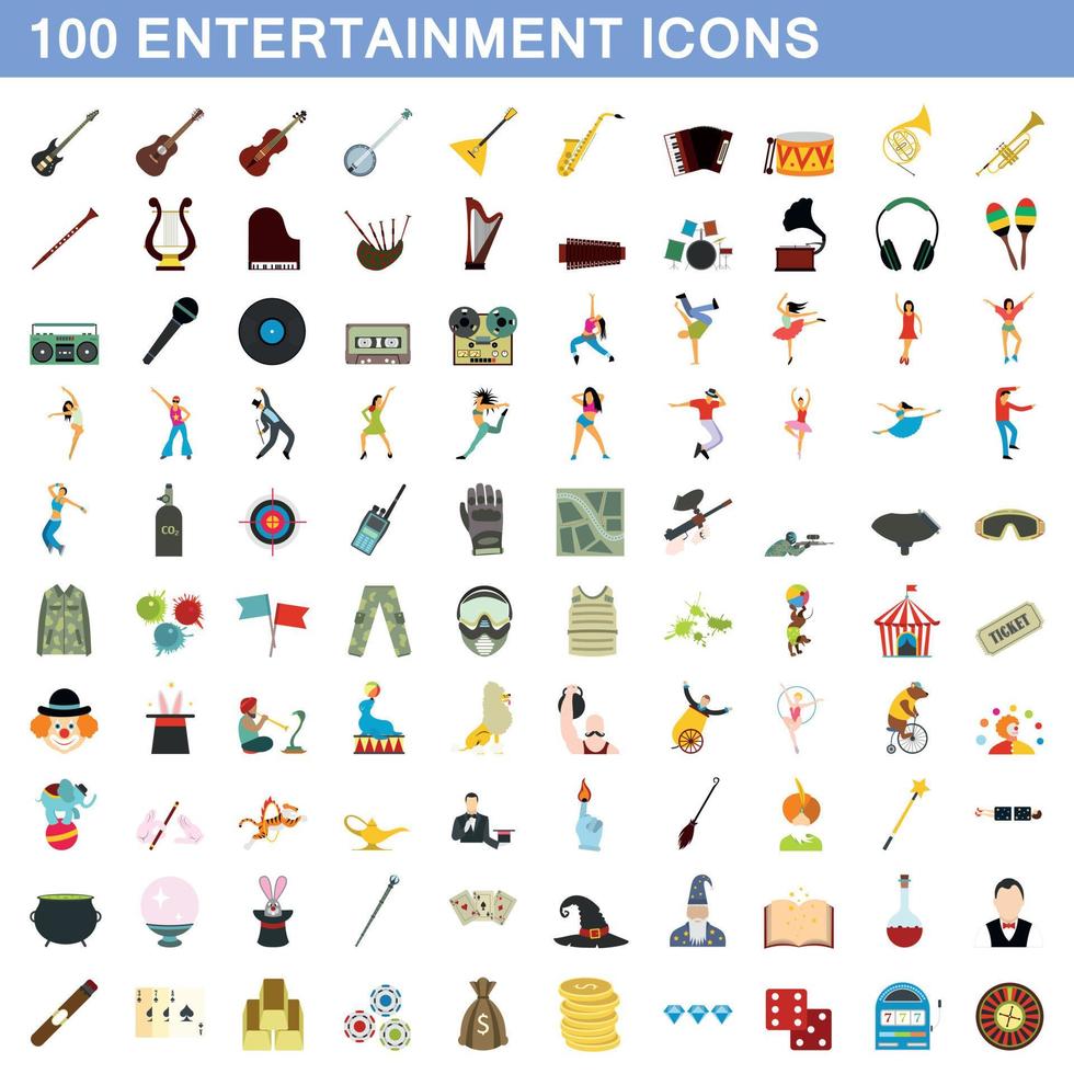 Ensemble de 100 icônes de divertissement, style plat vecteur