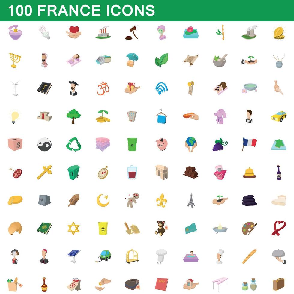 Ensemble de 100 icônes de France, style dessin animé vecteur