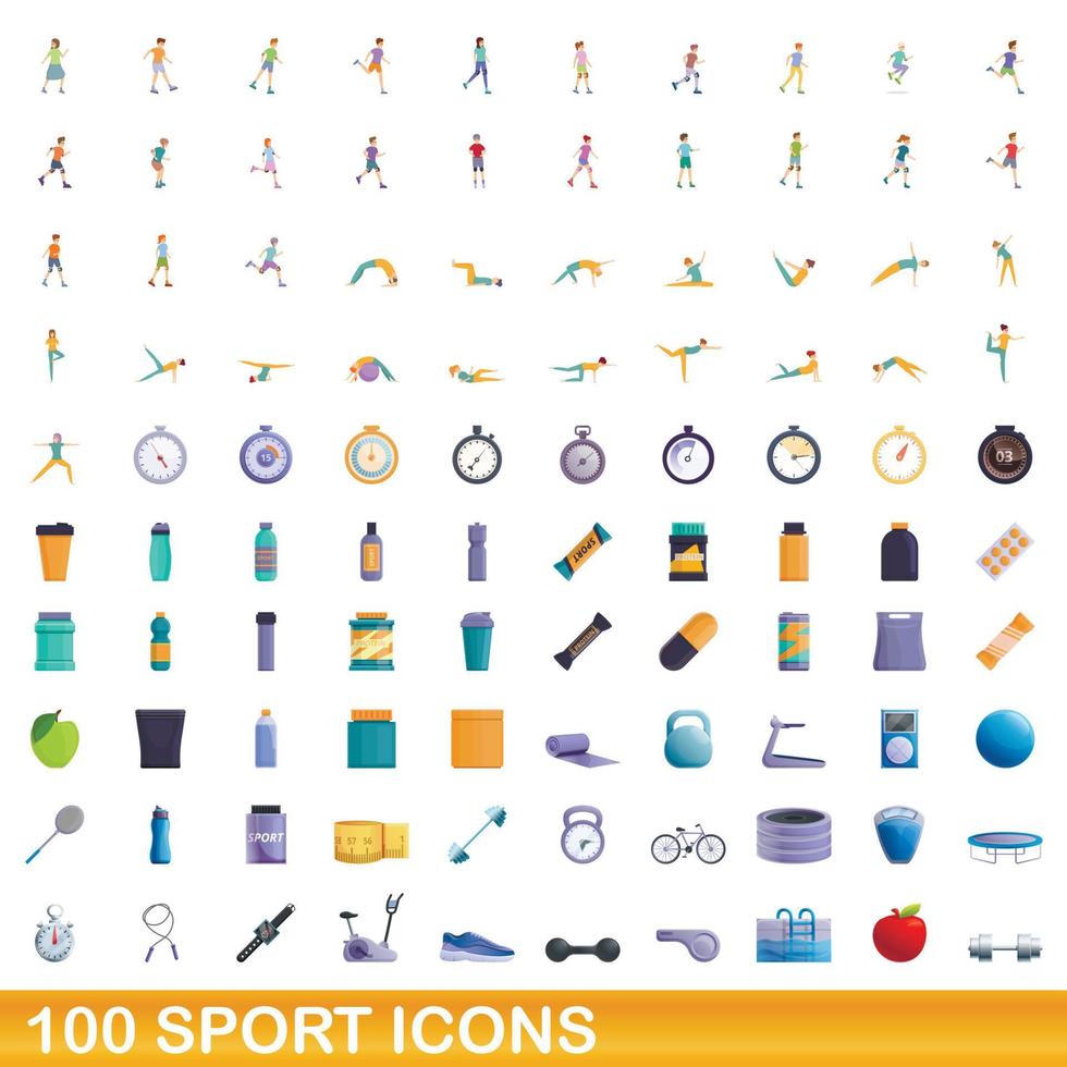 Ensemble de 100 icônes de sport, style cartoon vecteur