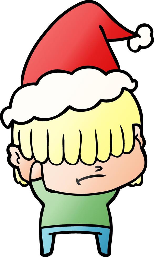 dessin animé dégradé d'un garçon aux cheveux désordonnés portant un bonnet de noel vecteur