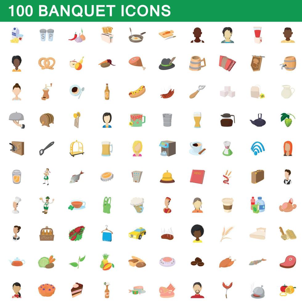 Ensemble de 100 icônes de banquet, style dessin animé vecteur