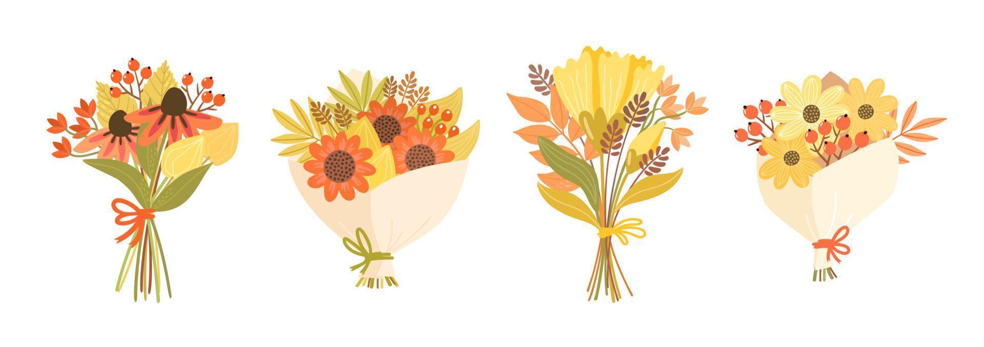 ensemble de quatre jolis bouquets d'automne dessinés à la main vecteur