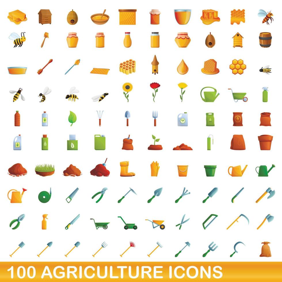 Ensemble de 100 icônes agricoles, style dessin animé vecteur