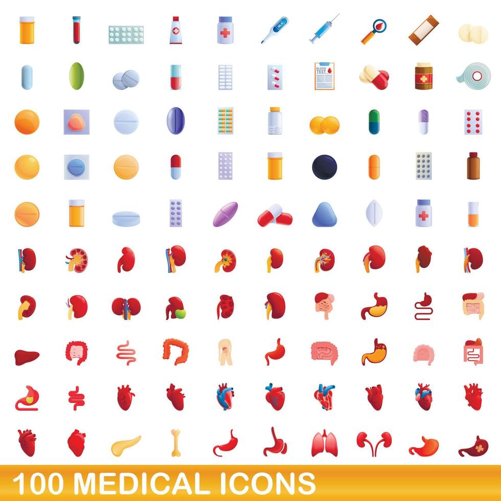 Ensemble de 100 icônes médicales, style cartoon vecteur