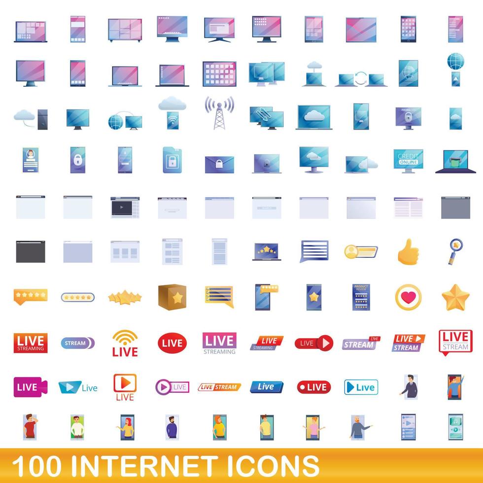 Ensemble de 100 icônes internet, style dessin animé vecteur