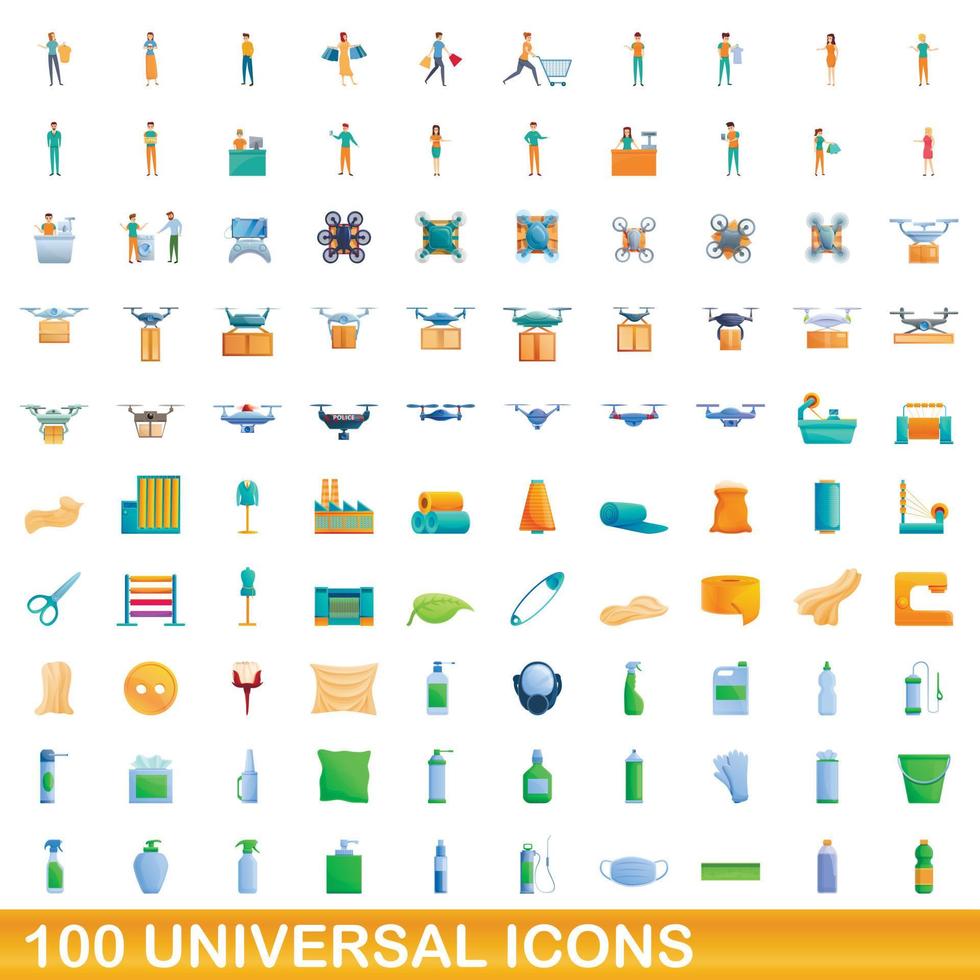 Ensemble de 100 icônes universelles, style dessin animé vecteur