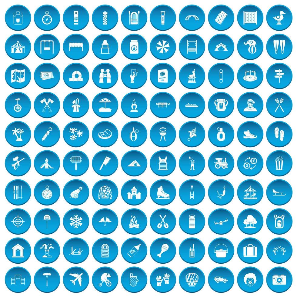 100 icônes familiales de vacances définies en bleu vecteur