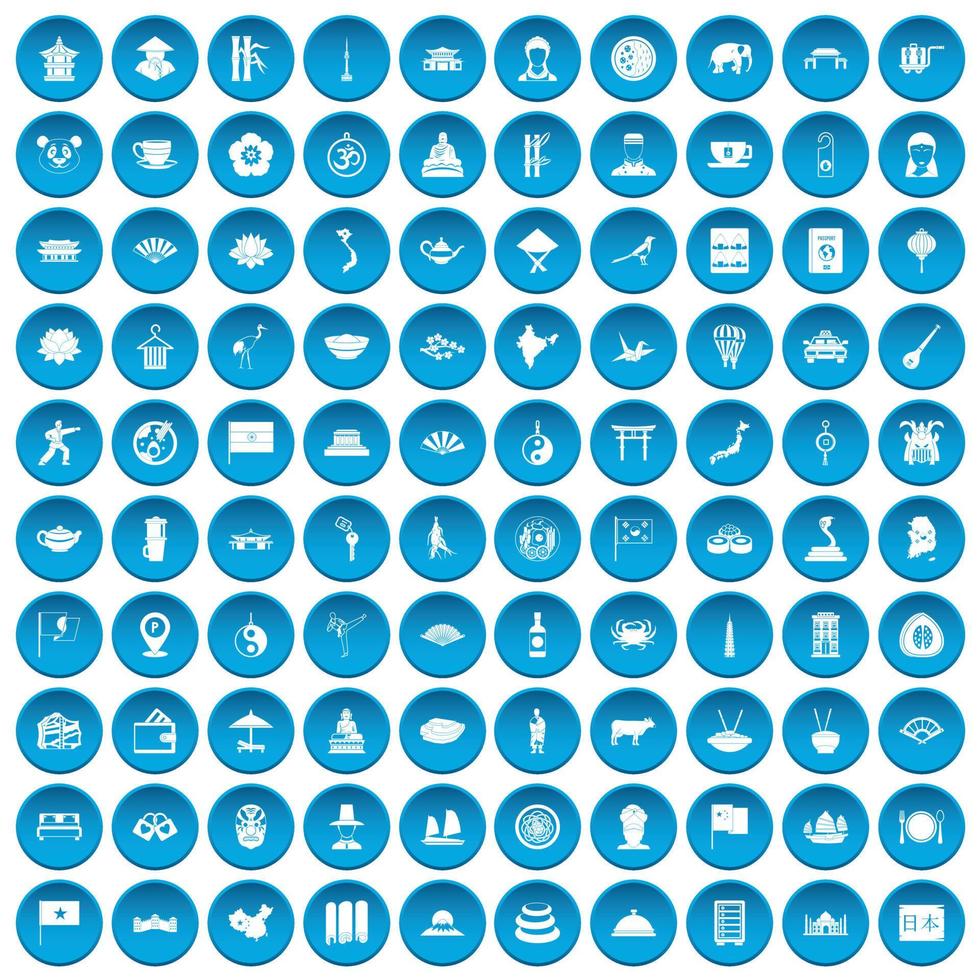 100 icônes de plat définies en bleu vecteur