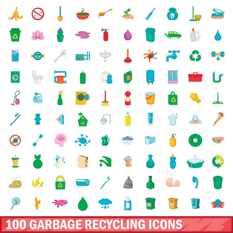 Ensemble de 100 icônes de recyclage des ordures, style cartoon vecteur