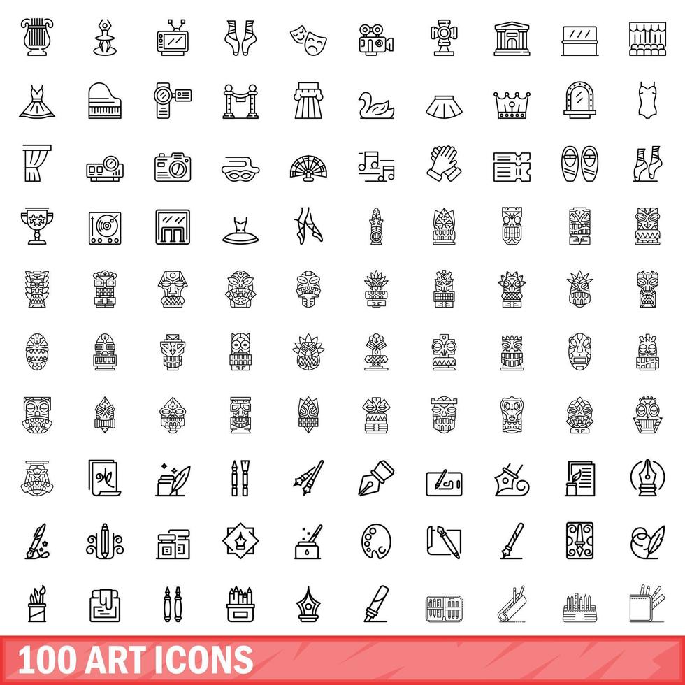 Ensemble de 100 icônes d'art, style de contour vecteur