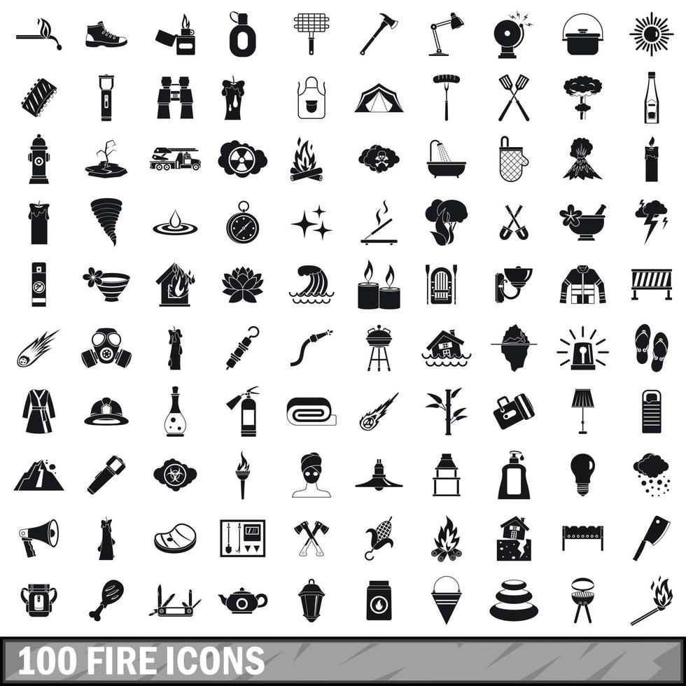 Ensemble de 100 icônes de feu, style simple vecteur