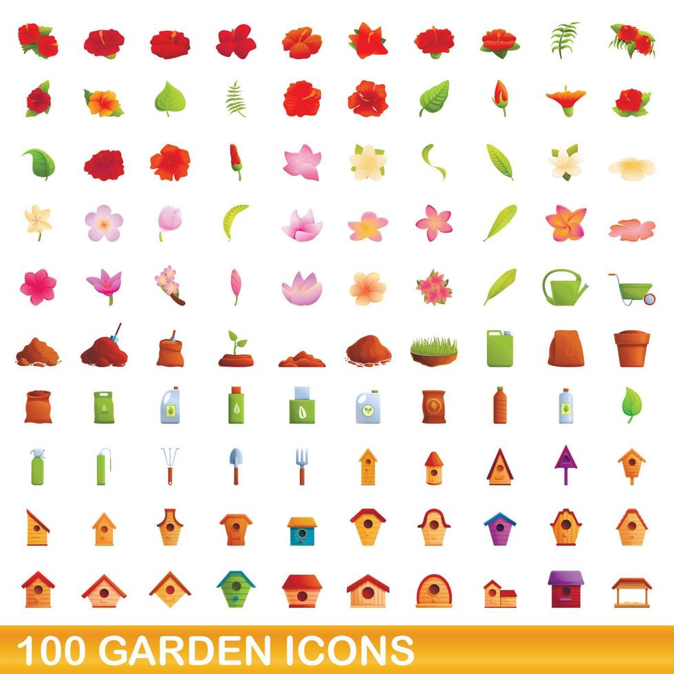 Ensemble de 100 icônes de jardin, style dessin animé vecteur