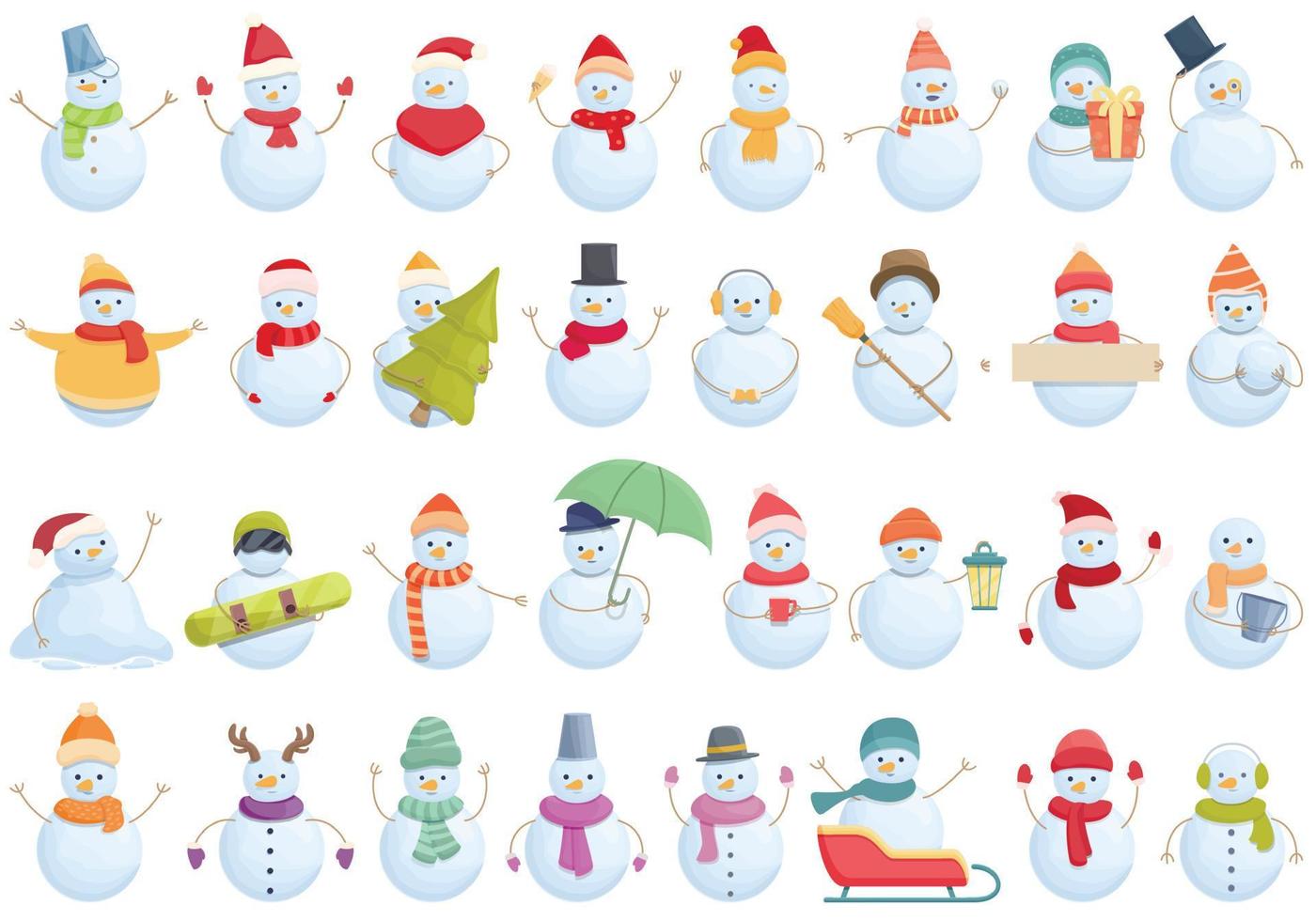 icônes de bonhomme de neige définies vecteur de dessin animé. glace de noël