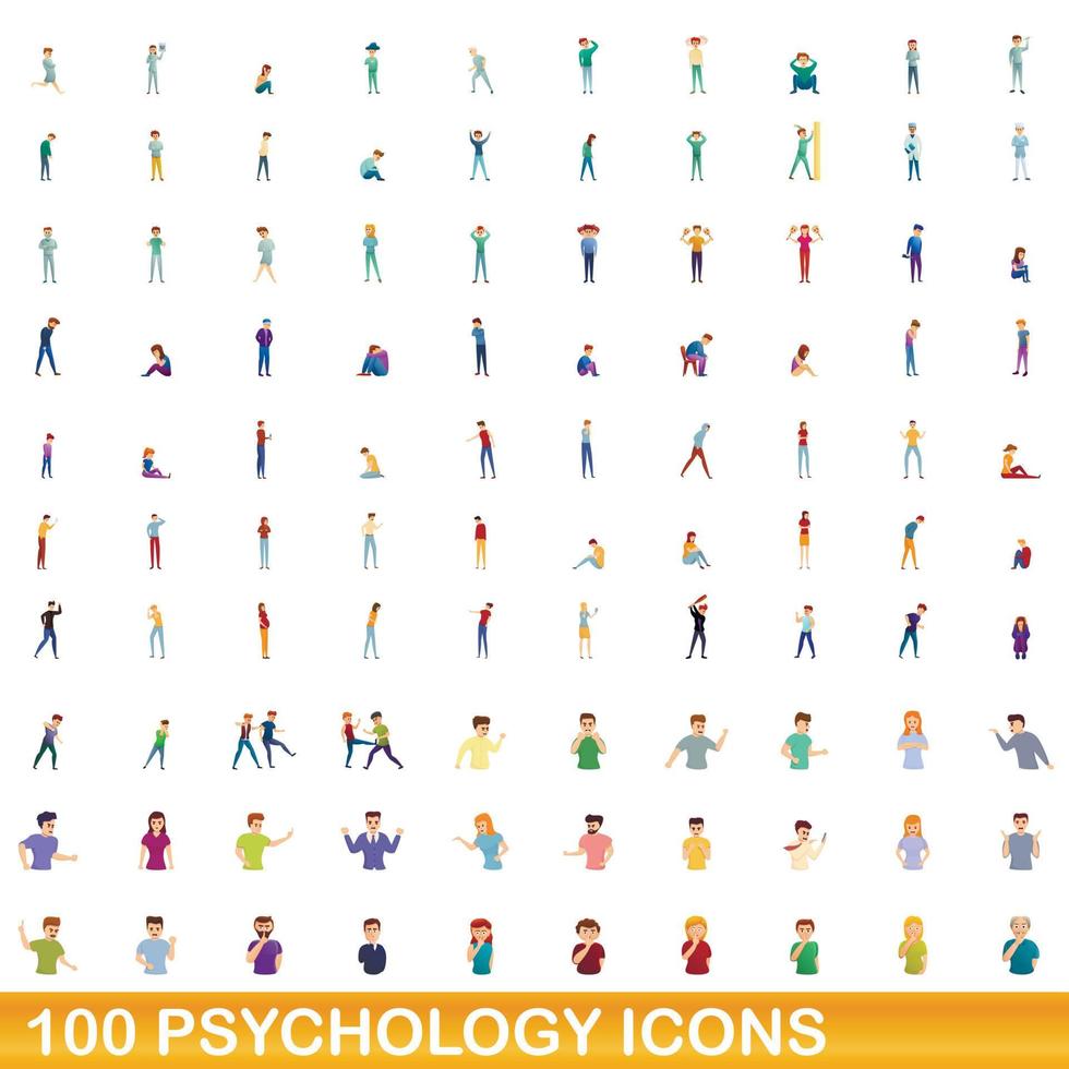Ensemble de 100 icônes de psychologie, style cartoon vecteur
