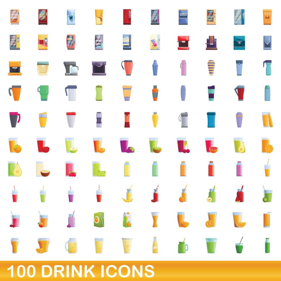 Ensemble de 100 icônes de boisson, style dessin animé vecteur