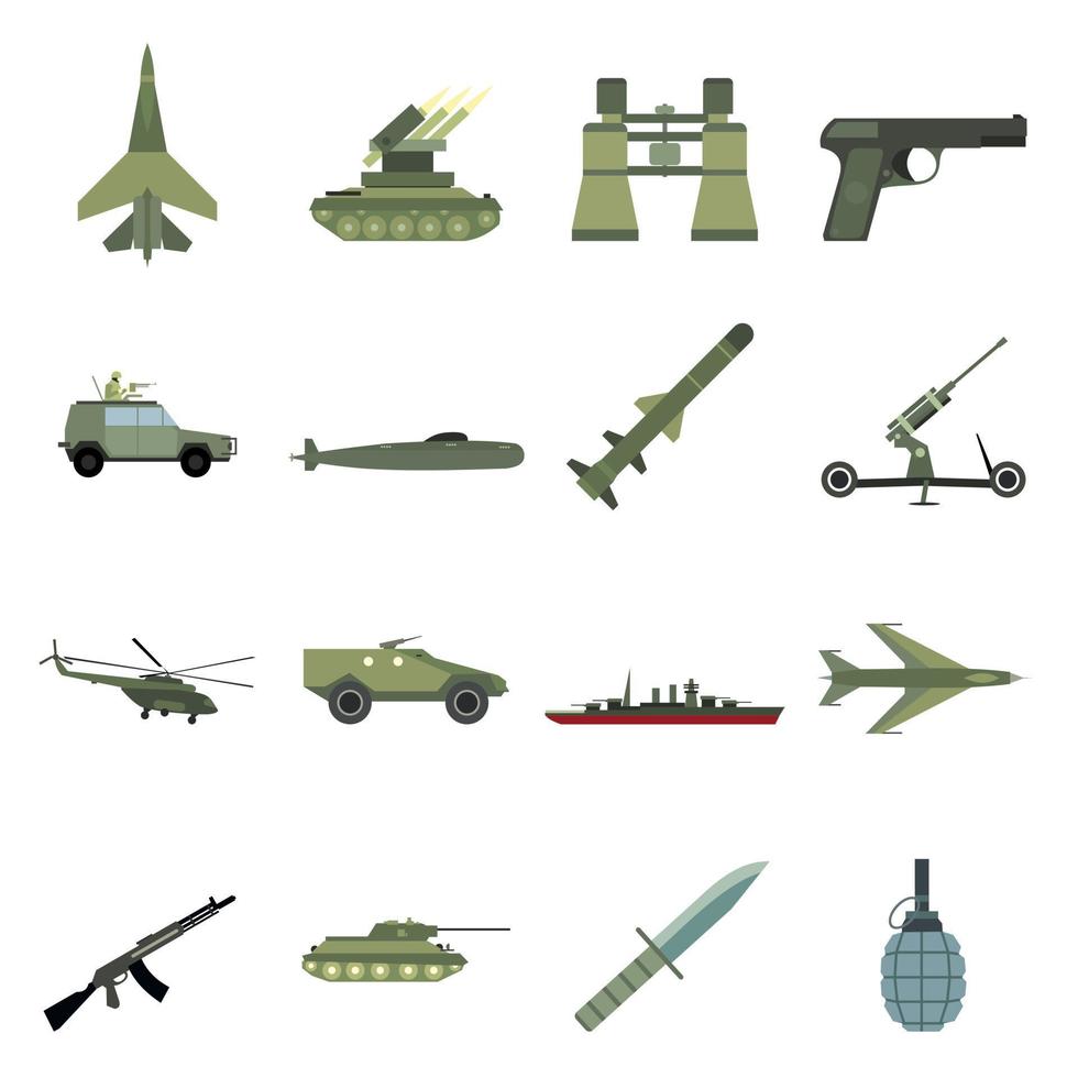 16 icônes plates d'armes vecteur