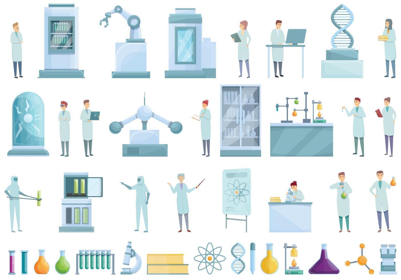 icônes de recherche en laboratoire définies vecteur de dessin animé. ADN scientifique