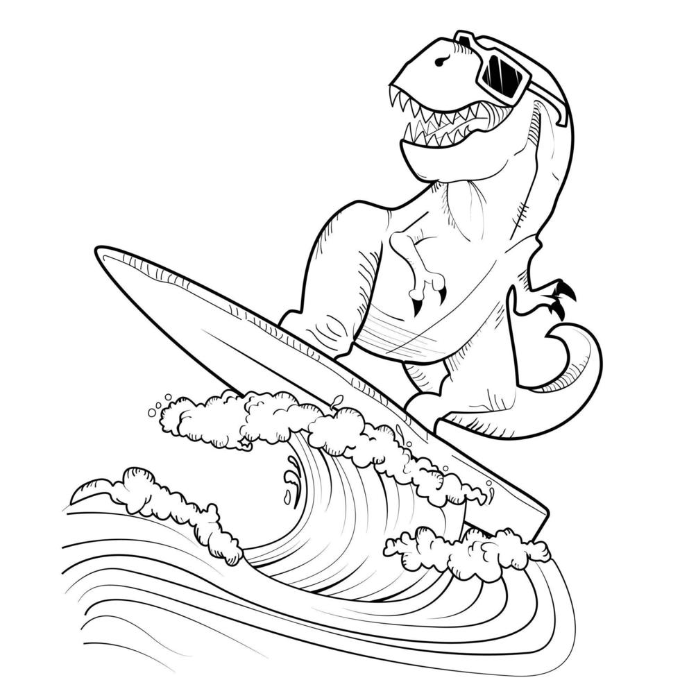 drôle de surfeur t rex surfer sur la grande vague. tyrannosaure sur planche de surf aquatique. illustration de croquis de vecteur du thème des dinosaures
