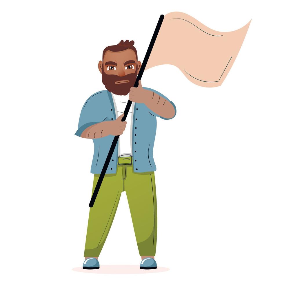 homme barbu adulte avec un grand drapeau à la main vecteur