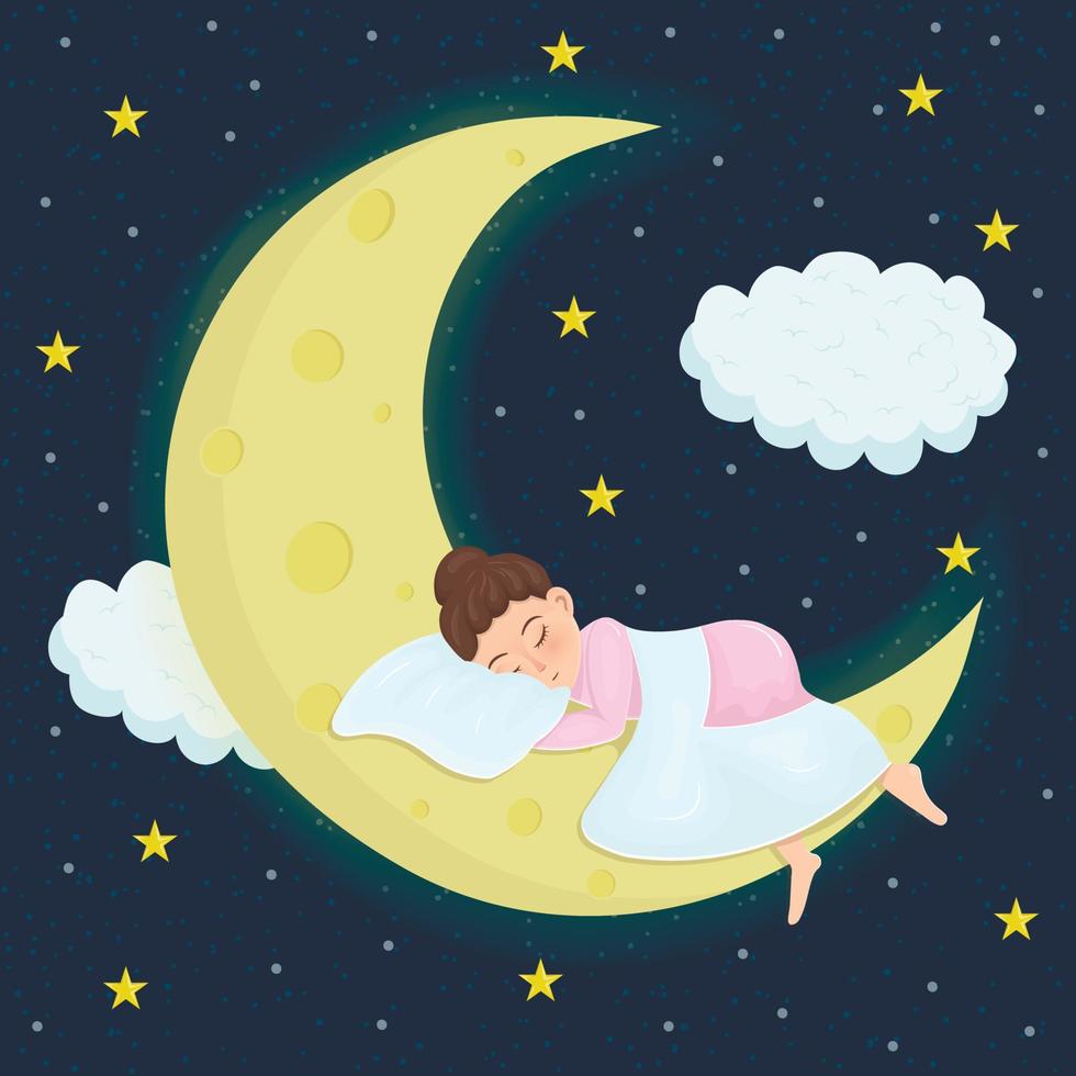petite fille dort sous une couverture sur un oreiller sur un croissant de lune sur fond de ciel étoilé de nuit vecteur