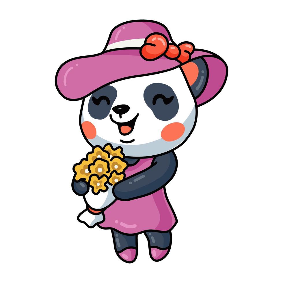 dessin animé mignon petite fille panda tenant des fleurs vecteur