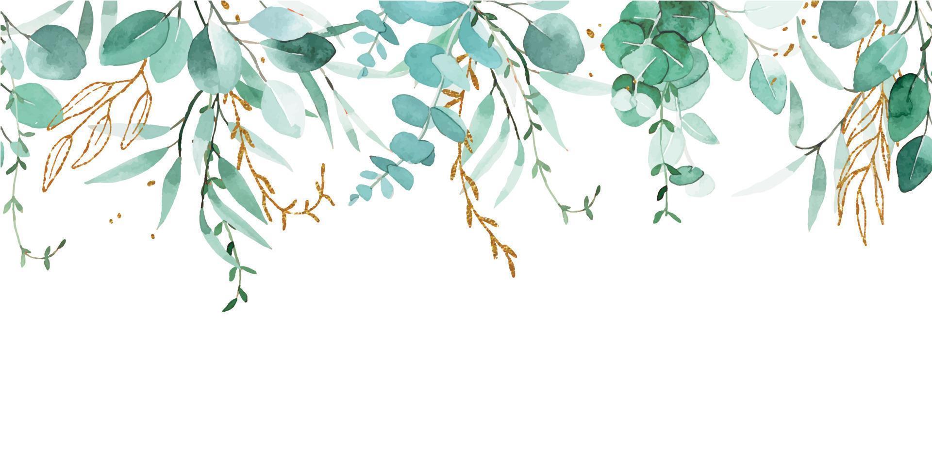 dessin à l'aquarelle. bordure transparente, bannière, cadre de feuilles d'eucalyptus et d'éléments dorés. feuilles vertes et dorées de style vintage. vecteur