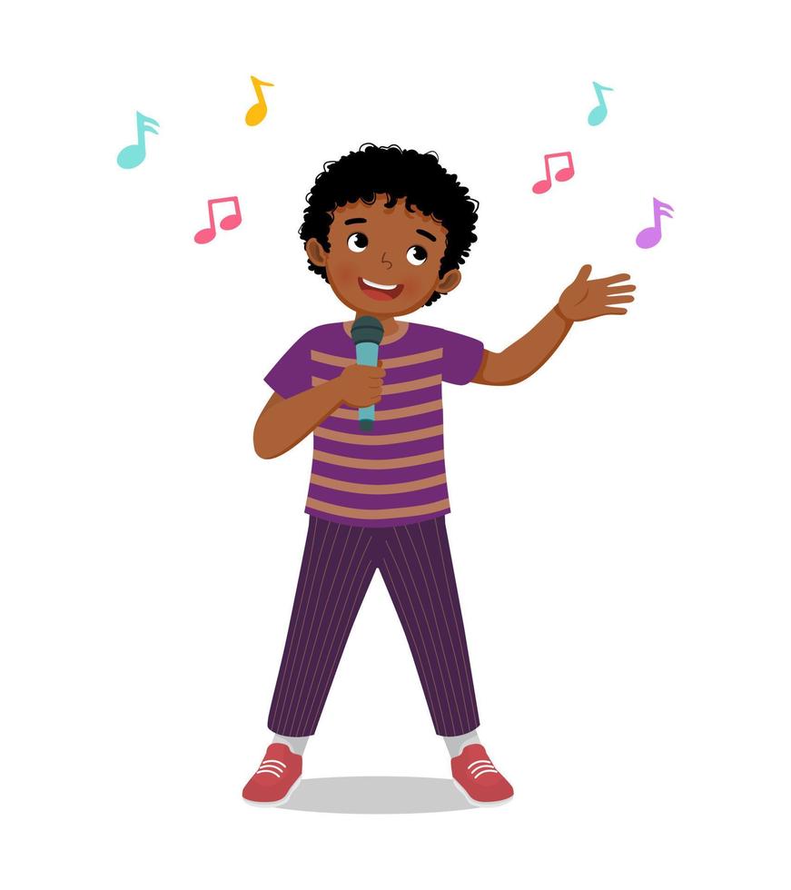 mignon petit garçon africain chantant une chanson avec microphone vecteur