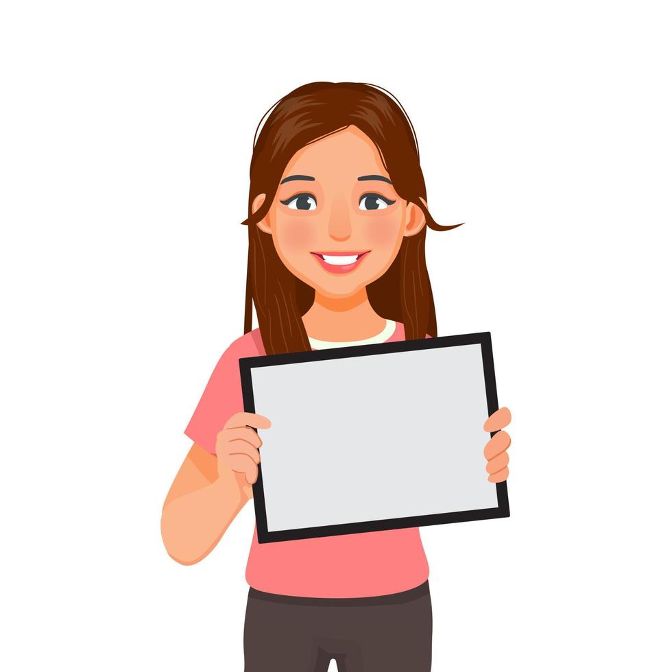 belle jeune femme tenant et montrant une tablette numérique intelligente avec écran vide pour l'espace de copie, les textes, les messages d'annonce et le contenu publicitaire vecteur