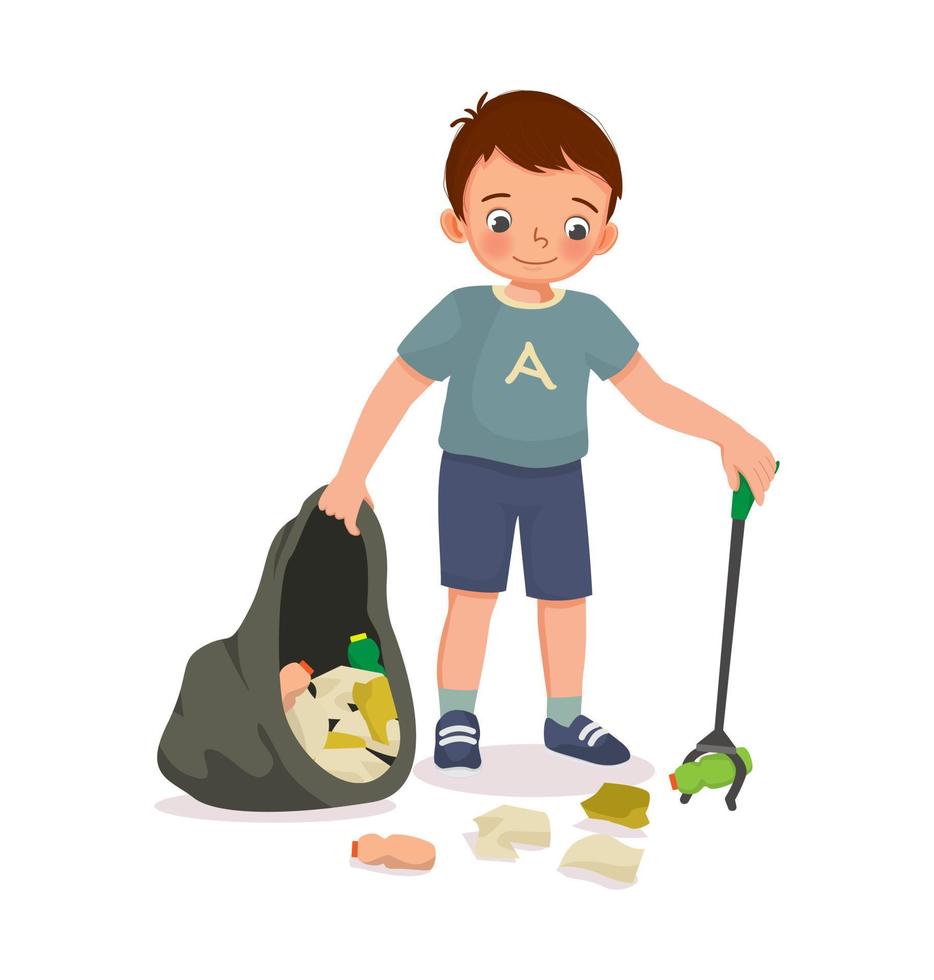 heureux petit garçon ramassant des bouteilles en plastique et des déchets de papiers avec un bâton de ramasseur de déchets mis dans un sac à ordures pour le recyclage afin de protéger l'environnement vecteur