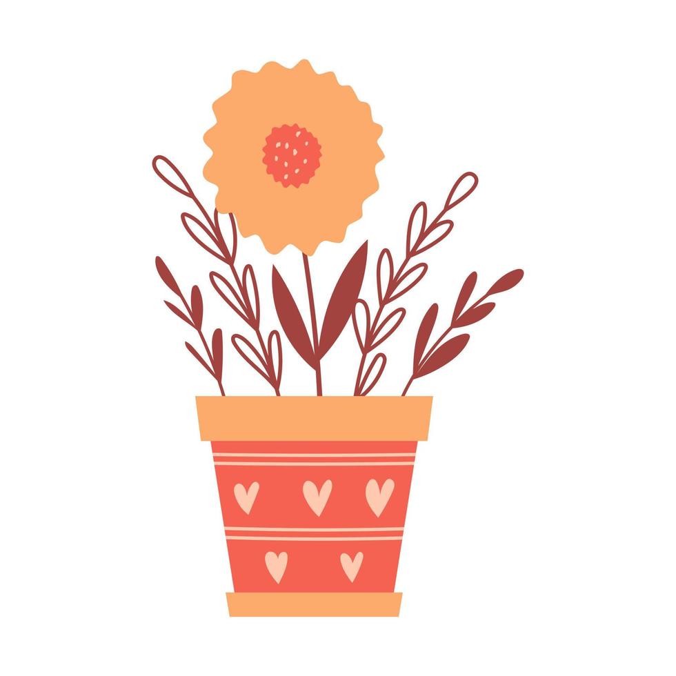 une simple fleur abstraite dans un pot avec un coeur. une plante d'intérieur avec un bourgeon et des brindilles. un élément décoratif pour les cartes de la Saint-Valentin. illustrations vectorielles de couleur isolées sur fond blanc. vecteur