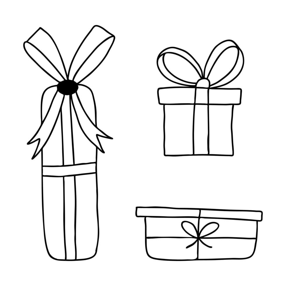 ensemble de coffrets cadeaux avec un arc dans un style doodle. le croquis est dessiné à la main et isolé sur un fond blanc. élément de conception du nouvel an et de noël. dessin au trait. illustration vectorielle noir-blanc. vecteur