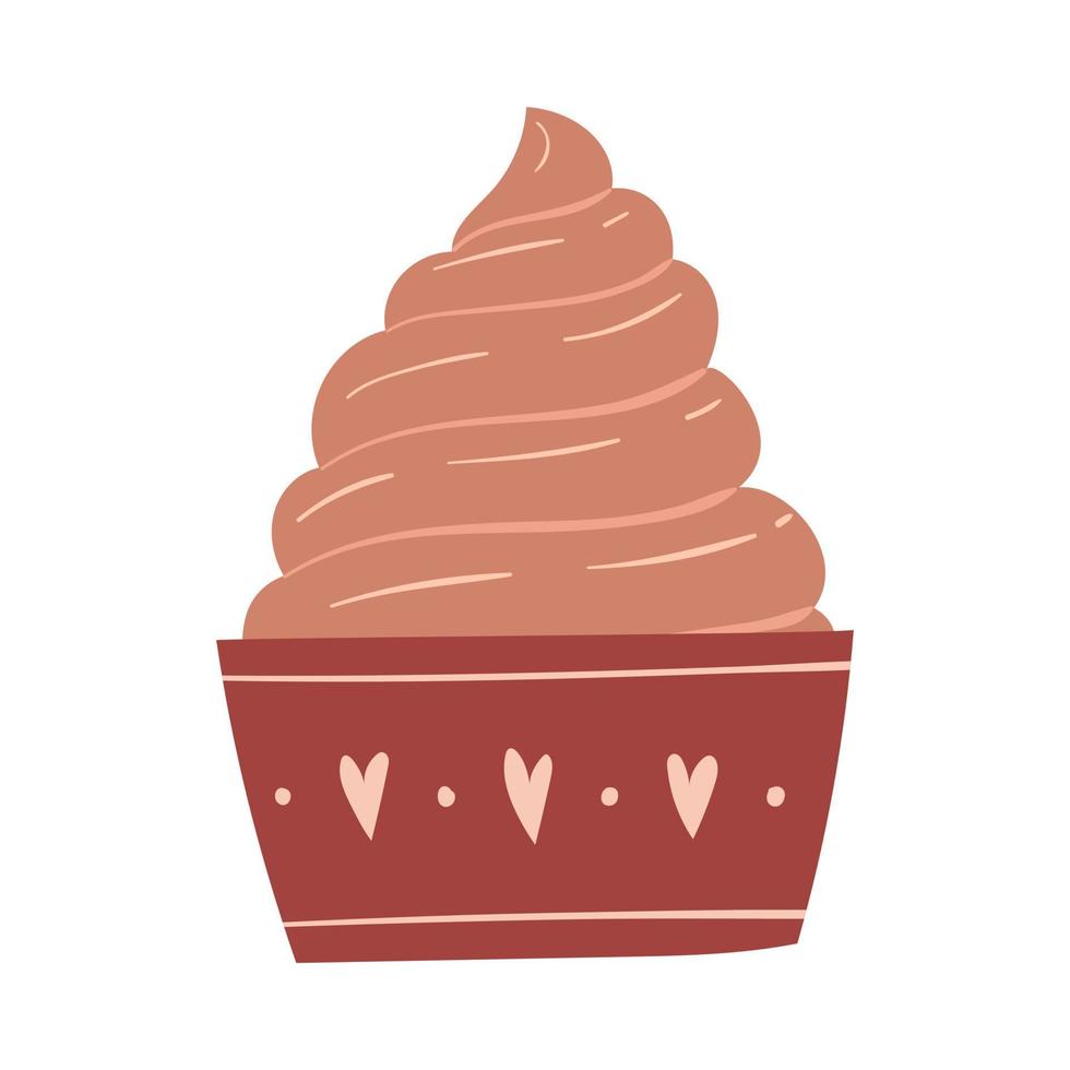 cupcake avec crème au chocolat, pépites et coeurs. aliments sucrés, pâtisseries. un élément décoratif pour la saint valentin. illustration de vecteur de couleur plat simple isolé sur fond blanc.