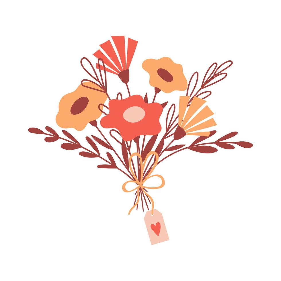 un arrangement floral simple avec des fleurs, un arc et une Saint-Valentin. bouquet avec des fleurs et des brindilles abstraites jaunes et rouges enfantins. illustration botanique de vecteur isolée sur fond blanc.