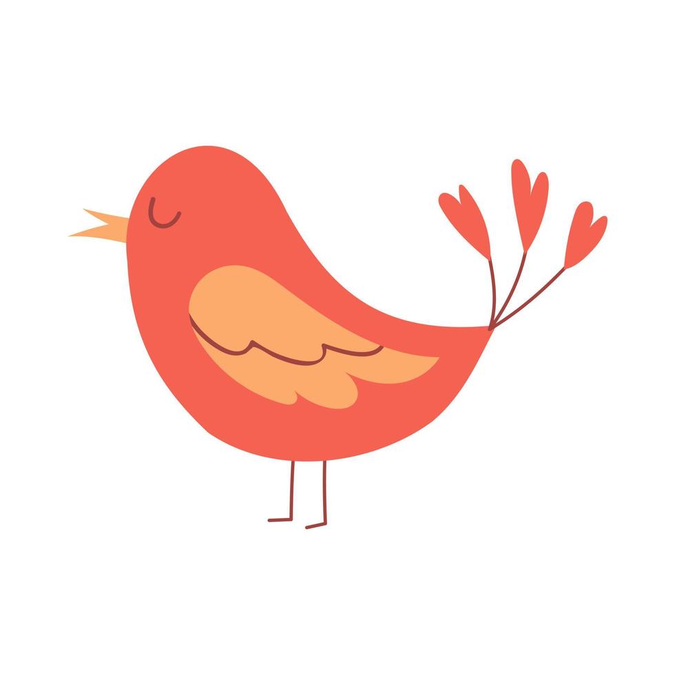 un simple oiseau rouge mignon avec des plumes en forme de cœur sur sa queue. joli personnage décoratif pour les cartes de la saint-valentin. illustration de vecteur de couleur plat simple isolé sur fond blanc.