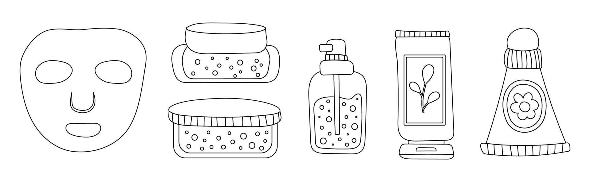 un ensemble de flacons et tubes de cosmétiques, pots pour soins de la peau avec crème pour le visage, les cheveux et le corps. style branché pour carte postale, bannière, modèle de papier d'emballage. trait modifiable d'illustration vectorielle. vecteur