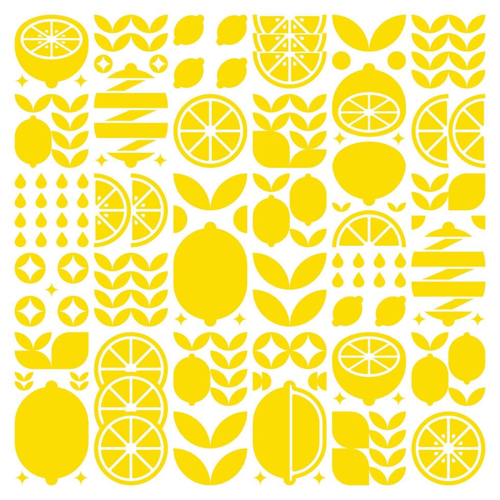 oeuvre abstraite d'icônes de motif de fruits au citron. art vectoriel simple, illustration géométrique des silhouettes d'agrumes, d'orange, de citron vert, de limonade et de feuilles. design moderne plat minimaliste sur fond blanc.