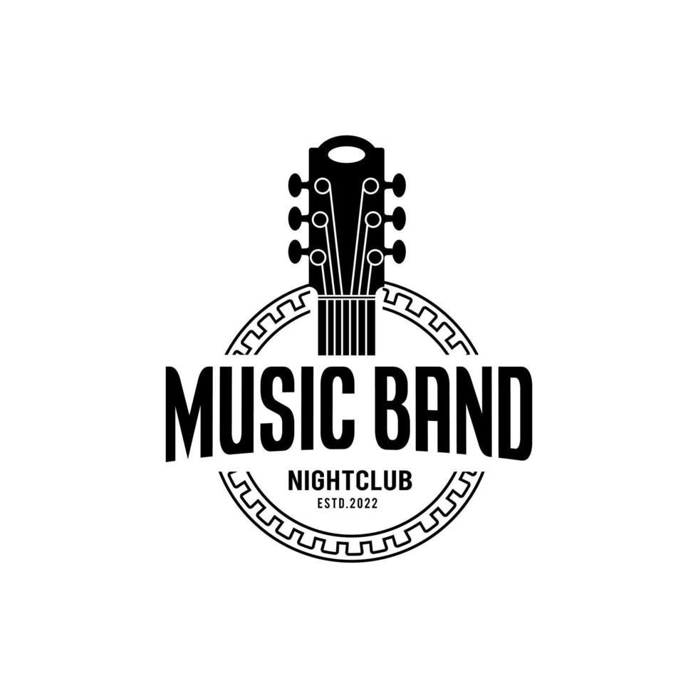 logo de musique classique et de groupe, guitare, logo vintage de club de musique, création de logo de bannière de ruban rétro vecteur
