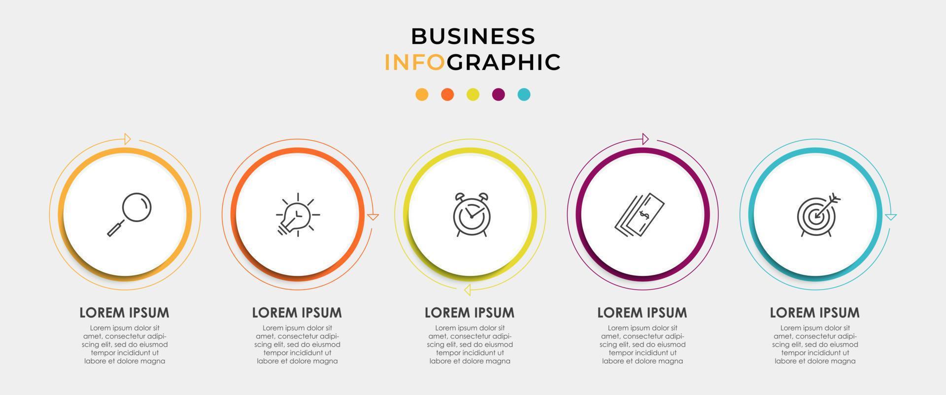modèle d'entreprise de conception d'étiquettes de cercle infographique vectoriel avec icônes et 5 options ou étapes