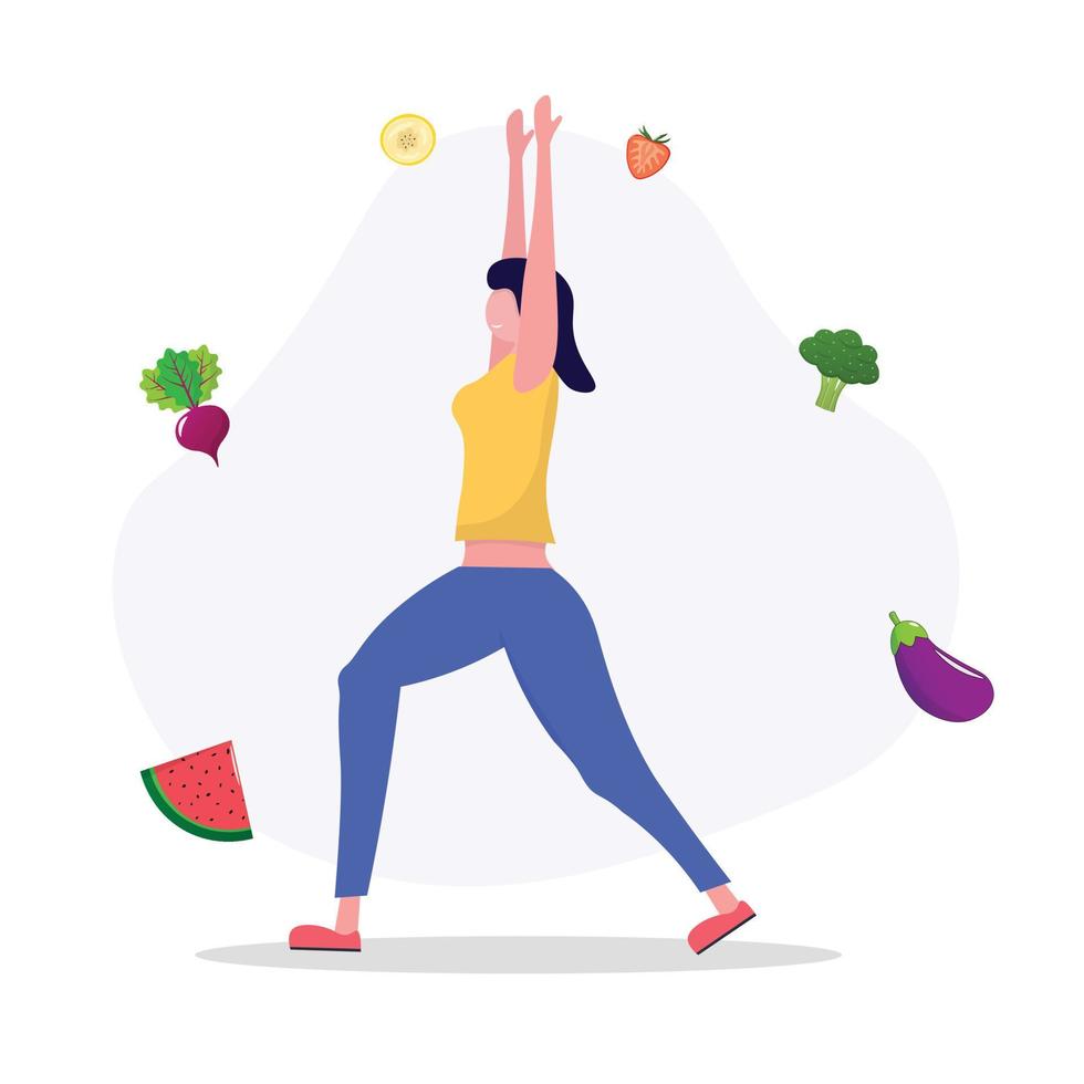 femme faisant du yoga dans la rue. concept de marathon de remise en forme, bonne nutrition, alimentation saine, gestion du poids, beau corps, légumes, minceur. illustration vectorielle au design plat vecteur