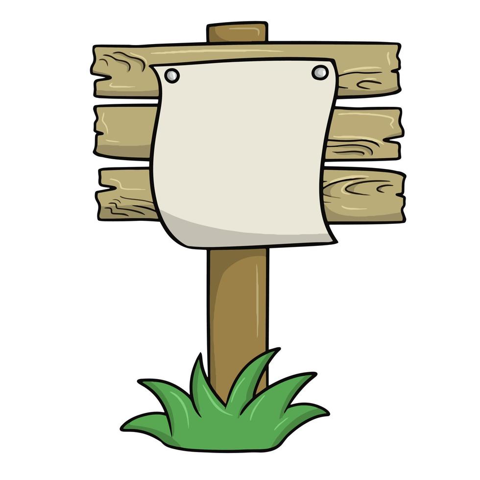 une annonce, un morceau de papier épinglé à un vieux panneau en bois sur un poteau, un stand avec de l'herbe verte, une illustration vectorielle en style cartoon sur fond blanc vecteur