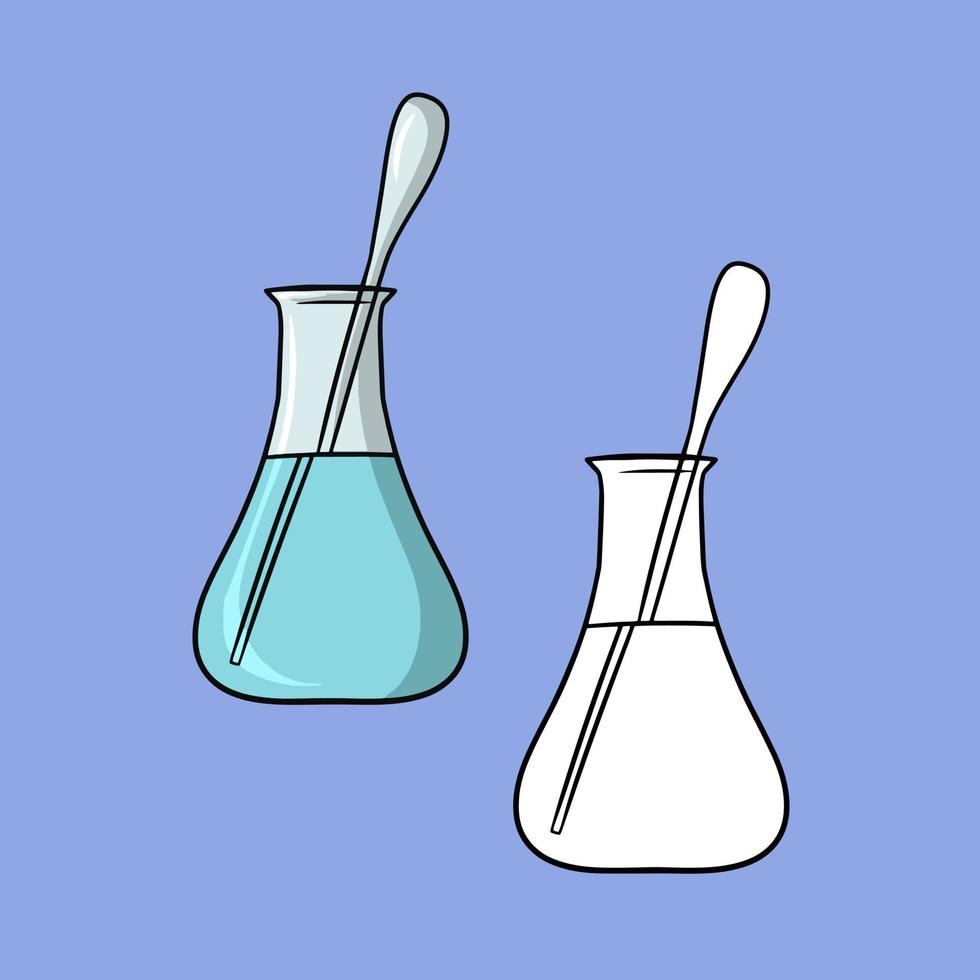 un ensemble d'images, un flacon en verre triangulaire avec une solution bleue et une cuillère à mesurer pour les expériences, une illustration vectorielle d'un dessin animé sur un fond coloré vecteur