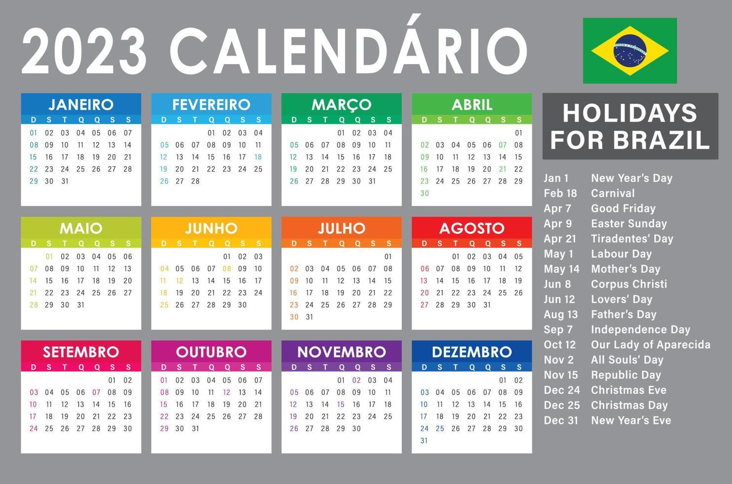 Vecteur de calendrier 2023, version brésilienne avec vacances colorées légères