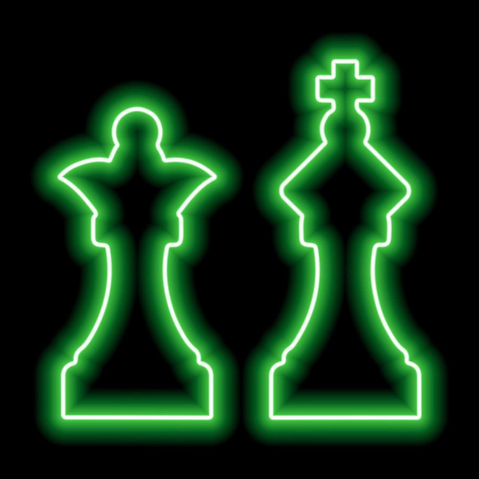 une paire de pièces d'échecs roi et reine. contour vert fluo sur fond noir vecteur
