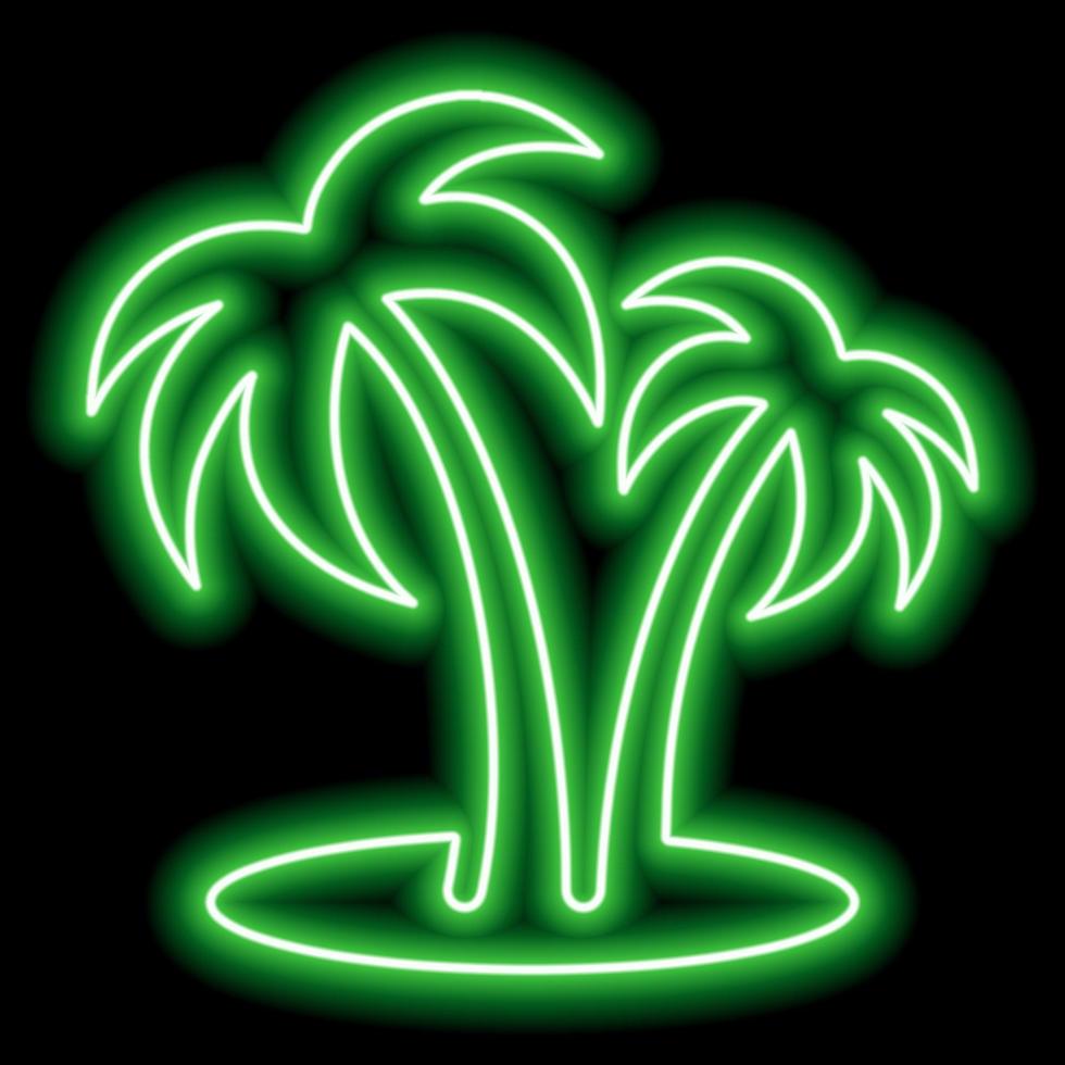 contour vert néon de deux palmiers sur la plage sur fond noir. repos, voyage, vacances. vecteur