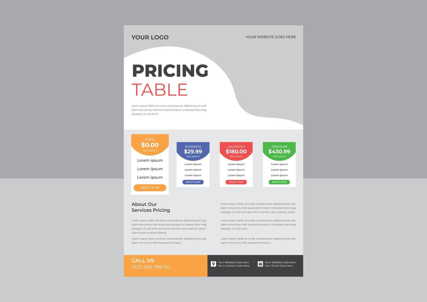 conception de table de tarification d'aspect moderne avec quatre dépliants de plans d'abonnement, modèle de tableau de prix, dépliant de grille de tarification de plan d'affaires, modèle d'infographie .vector. vecteur