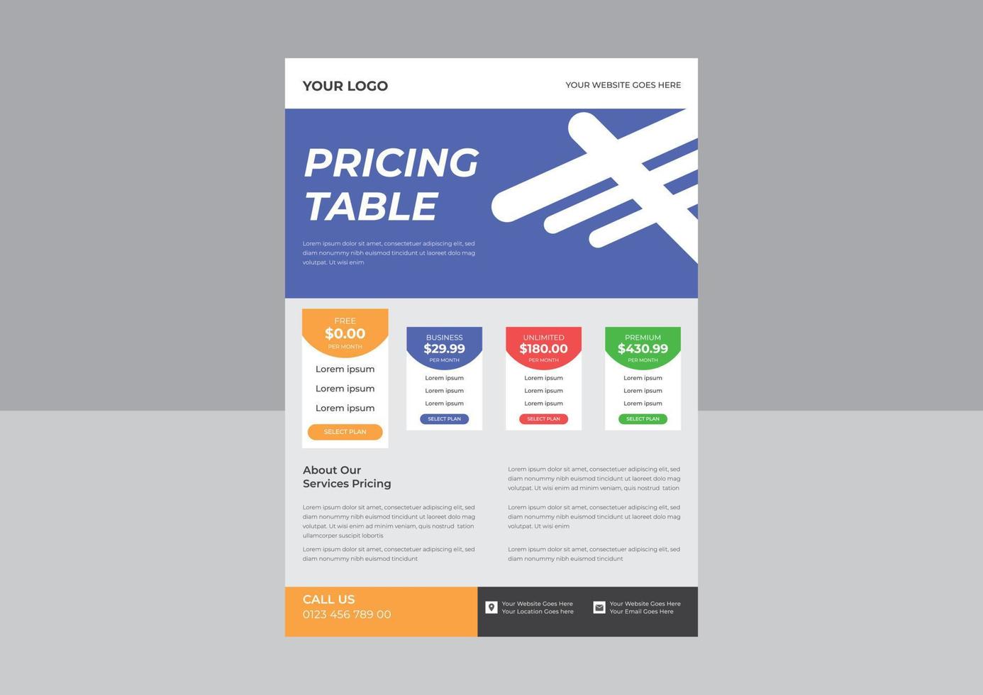 conception de table de tarification d'aspect moderne avec quatre dépliants de plans d'abonnement, modèle de tableau de prix, dépliant de grille de tarification de plan d'affaires, modèle d'infographie .vector. vecteur
