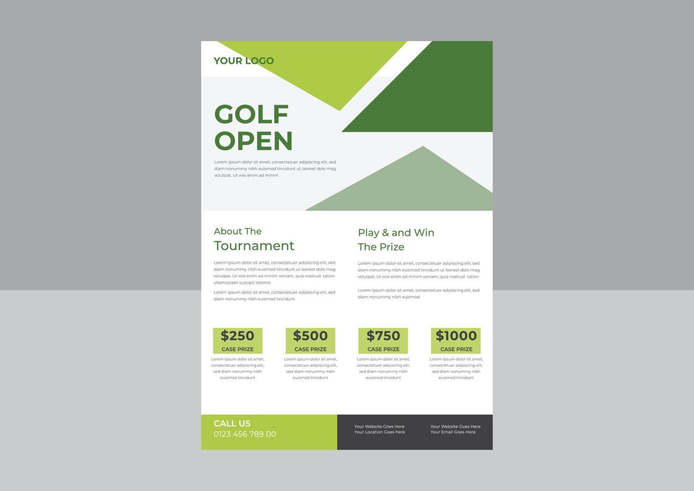 modèle pour votre dépliant d'invitation de tournoi de golf, vecteur d'affiche de golf. balle de golf. conception verticale pour la promotion des bars sportifs. tournoi, conception de flyer de championnat. dépliant du club.