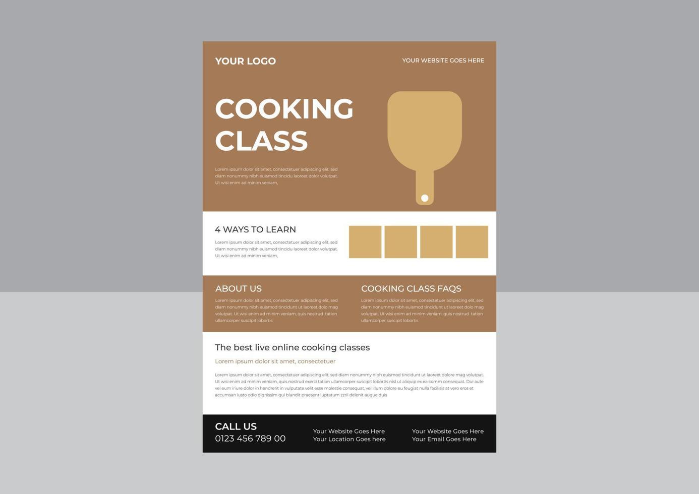 modèle de mise en page pour le dépliant des cours de cuisine, jeune chef femme tenant un élément de cuisine et montrant un geste délicieux, conception du dépliant du cours de cuisine. conception de dépliant d'affiche de cours de cuisine en ligne. vecteur