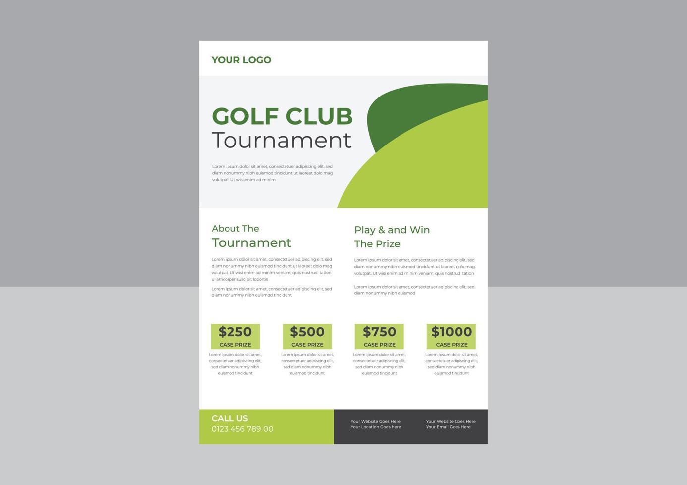 modèle pour votre dépliant d'invitation de tournoi de golf, vecteur d'affiche de golf. balle de golf. conception verticale pour la promotion des bars sportifs. tournoi, conception de flyer de championnat. dépliant du club.