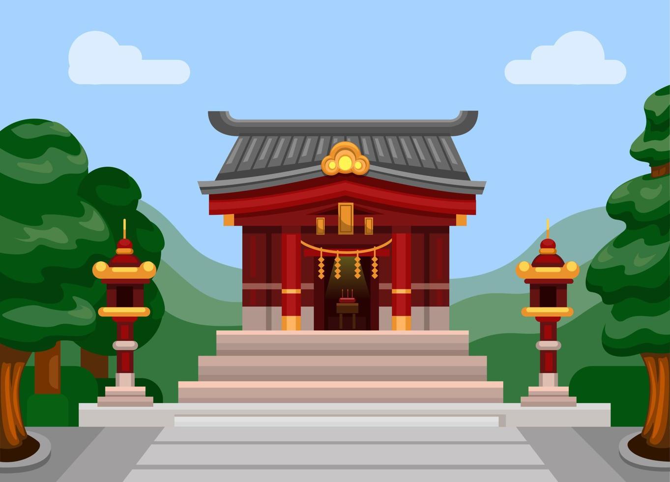 sanctuaire japonais shinto religion prière bâtiment scène dessin animé illustration vecteur